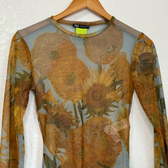 Zara Womens Sunflowers Van Gogh Mesh Bodysuit Sz Medium Yellow Long Sleeve - Picture 3 of 7